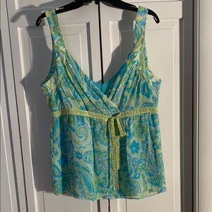 Sigrid Olsen 100% Silk Blue & Green Plunge V-Neck Sleeveless Blouse 🆕